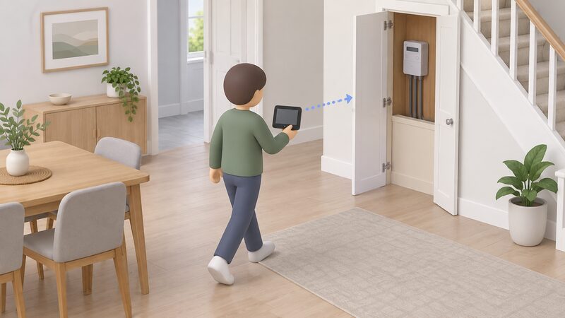 A simplified figure carries a small in-home display across a room toward the cupboard where the electricity meter sits, illustrating the standard remedy of moving the unit closer to restore its short-range wireless link.