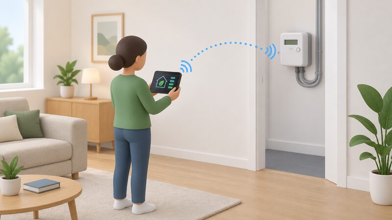 A person holds a new replacement in-home display in a home room while it pairs wirelessly with the existing smart electricity meter, shown in place on the wall, with the meter itself untouched and no old display present.