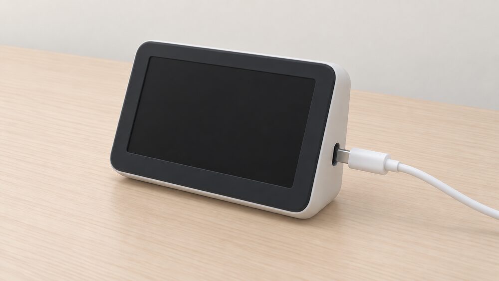 A close-up of a small portable smart meter in-home display with a blank dark screen, its charging cable being plugged into the unit, sitting on a plain indoor surface with nothing else around it.