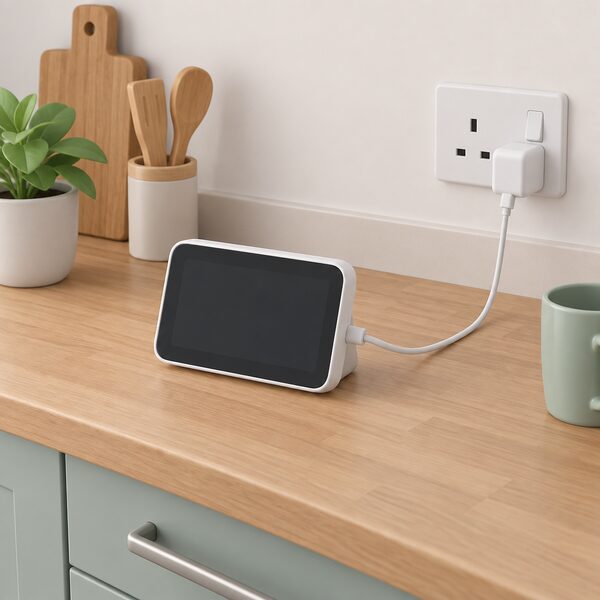 A small isometric scene of a smart meter in-home display lying on a kitchen worktop with its charger cable plugged into the unit and into a wall socket, the blank screen dark while the unit charges.