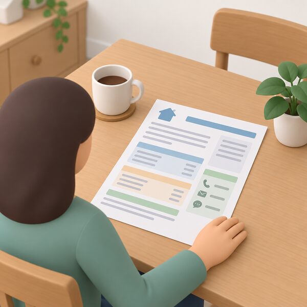 A paper energy bill lying flat on a household table, its content shown only as blank lines and plain colour bands, with a hand resting beside it as a person reads where the supplier's complaints details are printed.