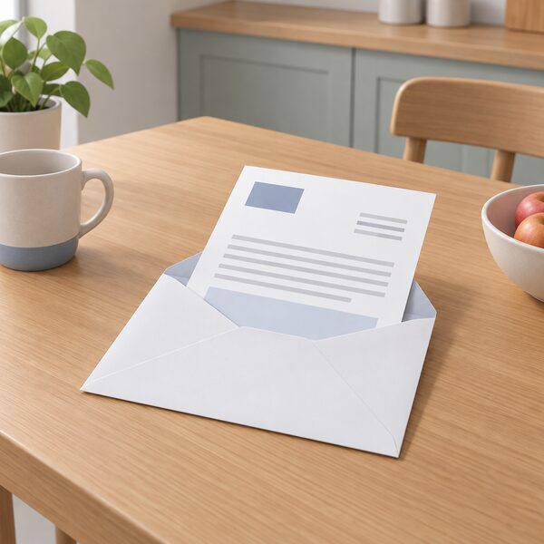 A single printed sheet, the supplier's deadlock letter, lying half inside an opened envelope on a domestic kitchen table, its content shown only as blank lines and plain blocks so nothing can be read, with no people or energy equipment in the scene.