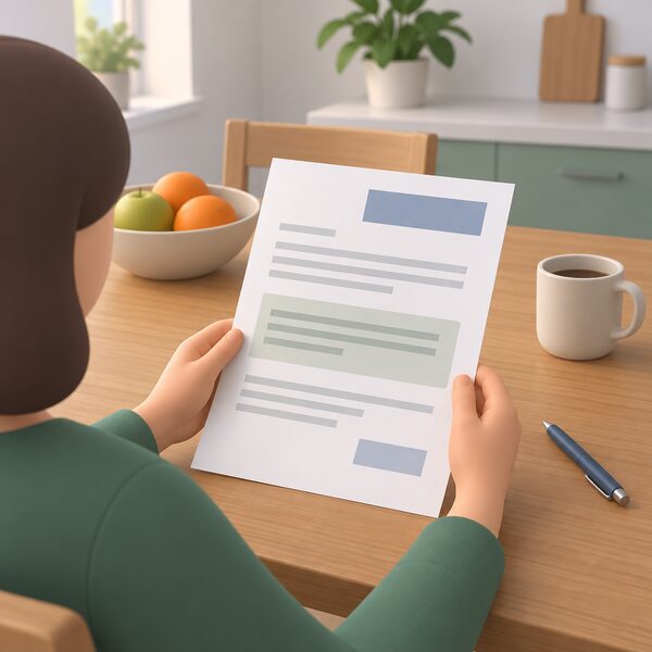 A single sheet of paper held in the hands, drawn as a physical decision letter lying open on a kitchen table in a home setting, its content shown only as blank lines and plain colour blocks so nothing readable appears, with a pen resting beside it.