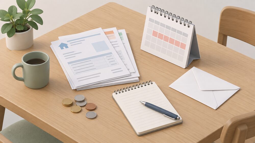 A kitchen table seen from above with a small stack of household energy bills, a blank notepad with a pen, a wall calendar, a handful of coins and a plain envelope, arranged as the evidence file a household keeps while a complaint is live.