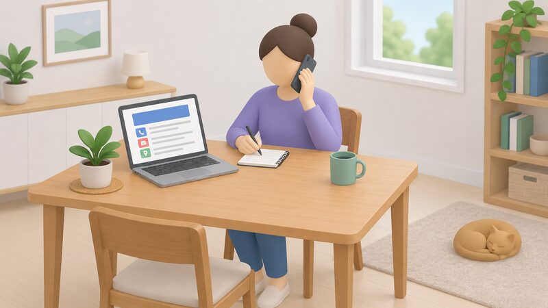 A simplified isometric figure sits at a table holding a phone to their ear while writing on a notepad, with a laptop screen beside them showing a plain webpage of blank lines and colour blocks representing the Ombudsman contact details.