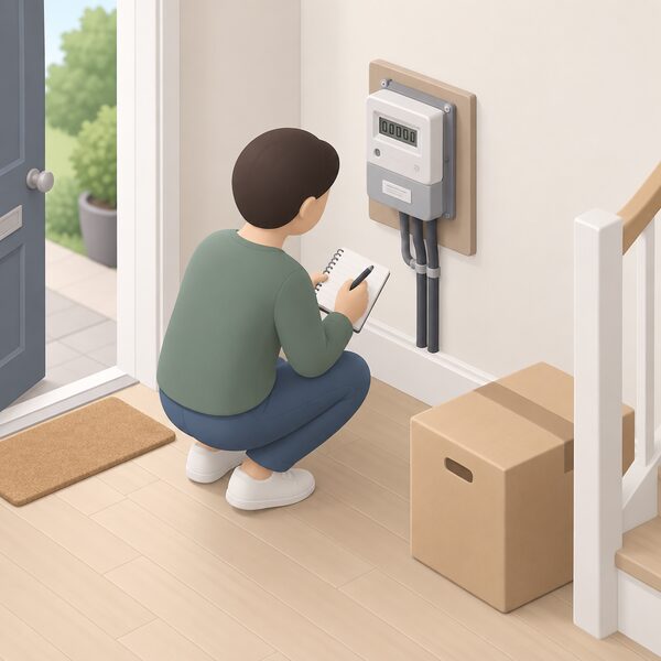 A person crouching at an electricity meter on an interior wall of a home on moving day, writing the reading into a notebook while a packed moving box stands nearby, with the meter's serial number plate visible on the meter body.