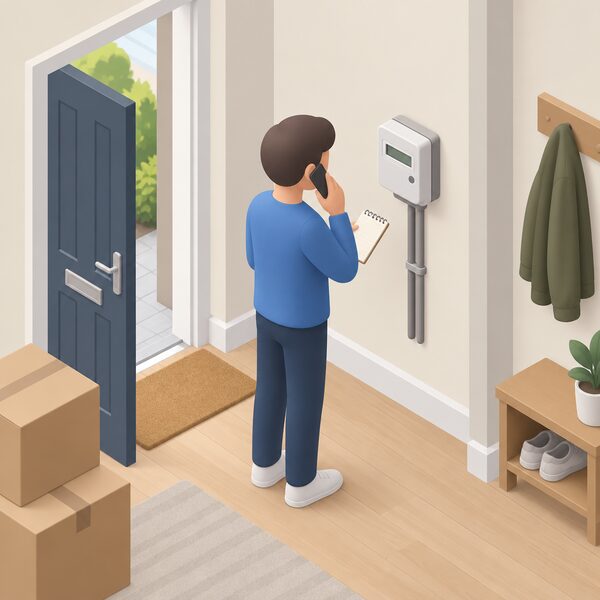 A simplified isometric figure stands in the hallway of a home holding a phone to their ear while reading the electricity meter on the wall beside them, a notepad in their other hand, showing them notifying the supplier of the closing reading on the day they leave.