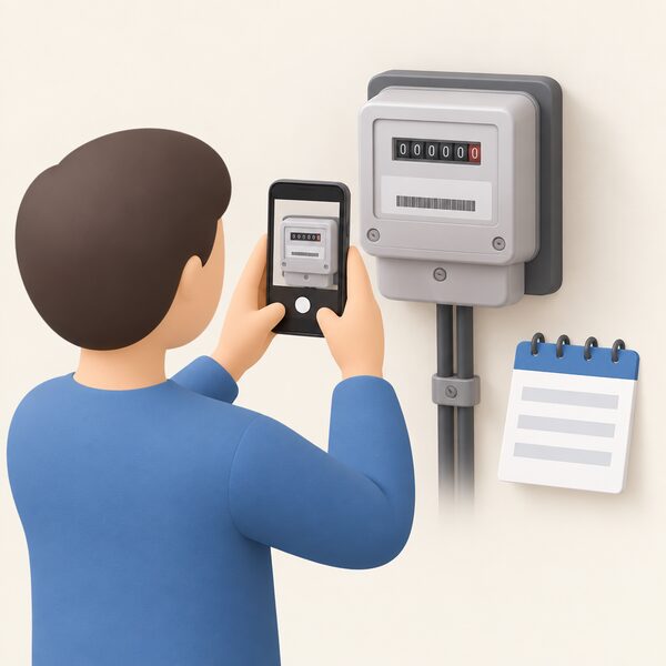 A person holding a phone taking a photograph of a domestic electricity meter, the meter's display register and serial number plate facing the camera, with a paper or phone record of the date beside the scene.