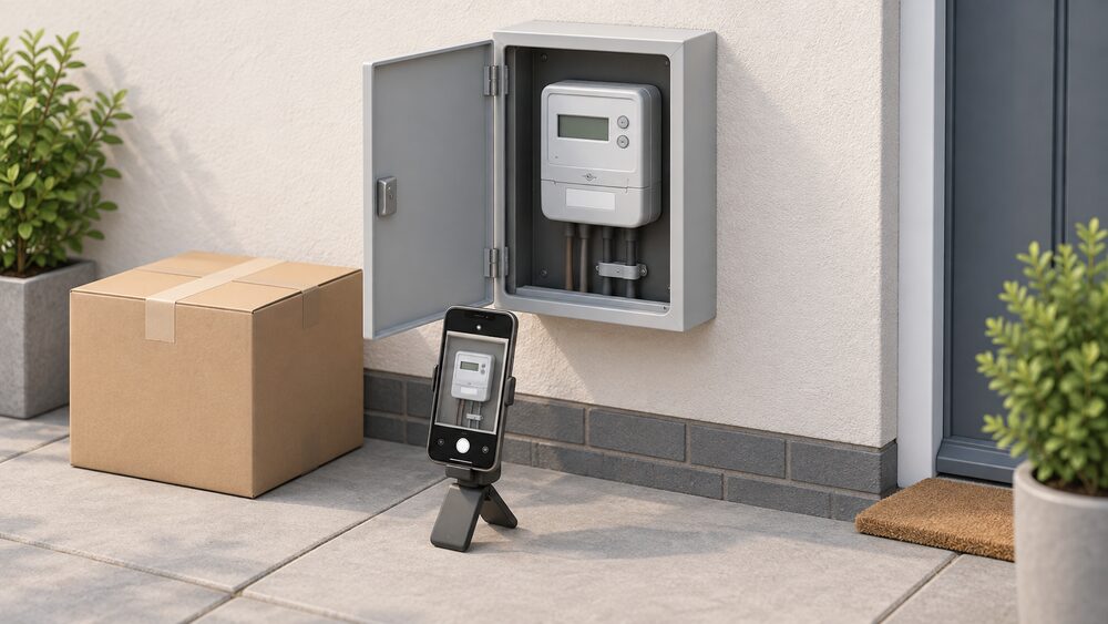 An outside wall-mounted meter box with its door open showing a domestic electricity meter, a smartphone propped on a small stand facing the meter to photograph it, and a sealed cardboard moving box resting on the ground beside the wall.