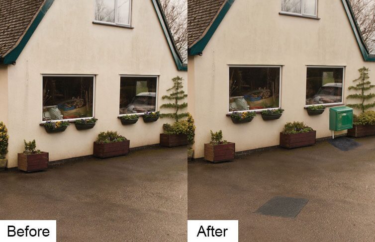 Before-and-after photos of a house exterior with a green gas meter box installed on the wall after a gas connection