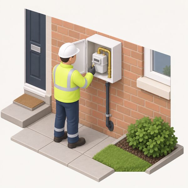 A domestic gas meter box mounted on the outside wall of a house, with the plastic gas service pipe entering the wall below it and a small isometric engineer figure standing beside it having just secured the meter in its new external position.