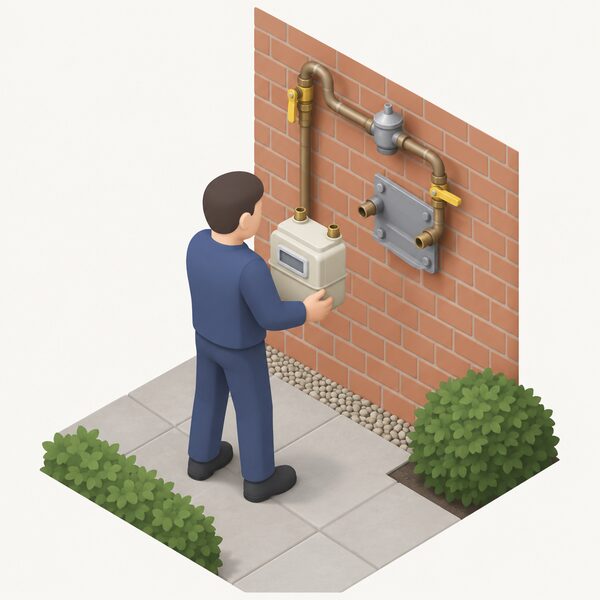 A supplier's engineer in plain work clothing, shown as a simplified isometric figure, unbolting and lifting a domestic gas meter away from its position on an outside wall, with the disconnected meter held in hand and the empty meter bracket and pipework left on the wall, the pipe still awaiting later disconnection by the network.