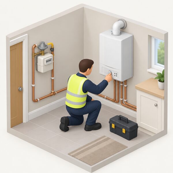 A Gas Safe engineer kneels beside a domestic gas appliance indoors, relighting it at its control, with the reconnected gas meter and its pipework visible nearby after the supply has been purged.