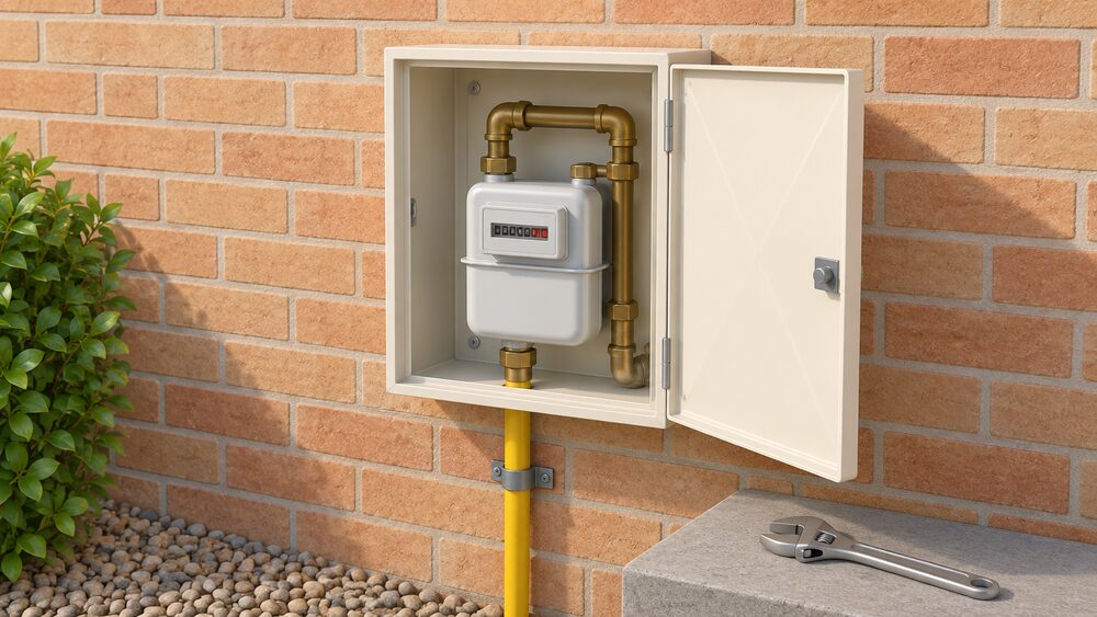 A close-up of an external gas meter box mounted on an outside house wall with its hinged lid open, showing the gas meter inside and the service pipe entering the box from below, with a spanner resting on the wall ledge beside it.