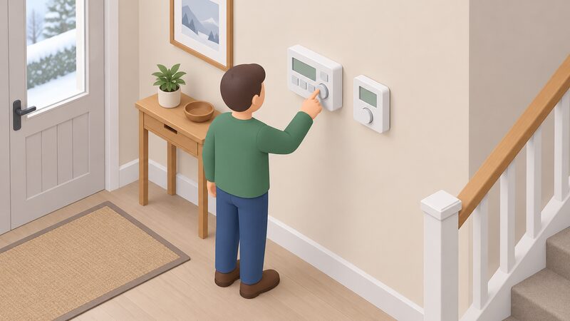 A wall-mounted heating programmer beside a room thermostat in a home hallway, with a simplified figure adjusting the programmer's settings, both units shown as plain devices with blank display blocks and unmarked buttons to suggest a winter heating schedule being set deliberately before the season starts.