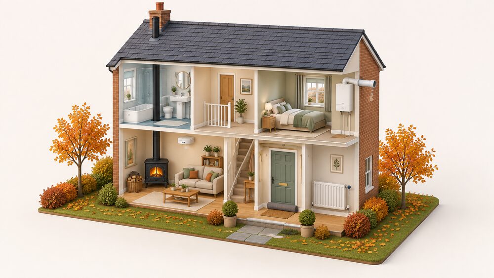 A cutaway two-storey house in autumn showing a wall-mounted boiler with its flue through the external wall, a radiator being bled with a key, a carbon monoxide alarm on the ceiling of a living room, a draught excluder at the front door and a basket of logs beside a wood-burning stove.