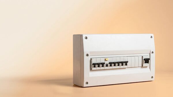 A white consumer unit (fuse box) with circuit breakers photographed against a plain peach background