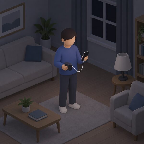 A simplified isometric figure stands in a dim living room during a power cut, holding a small battery pack in one hand and connecting a phone to it with a cable, a table lamp nearby switched off.