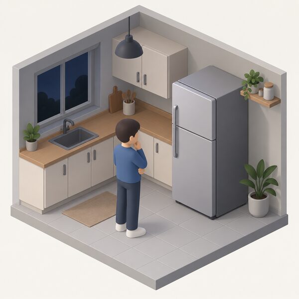A closed freestanding refrigerator standing in a domestic kitchen during a power cut, its door firmly shut, with a simplified isometric figure nearby resisting the urge to open it, showing that keeping the door closed preserves the cold inside.
