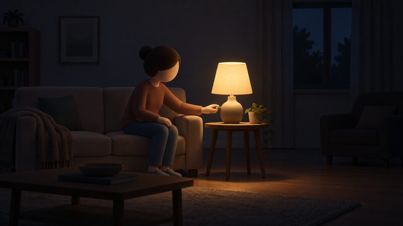 A dim living room during a power cut where a simplified figure's hand reaches to the switch of a single table lamp left switched on, its shade glowing, while the rest of the room stays dark.