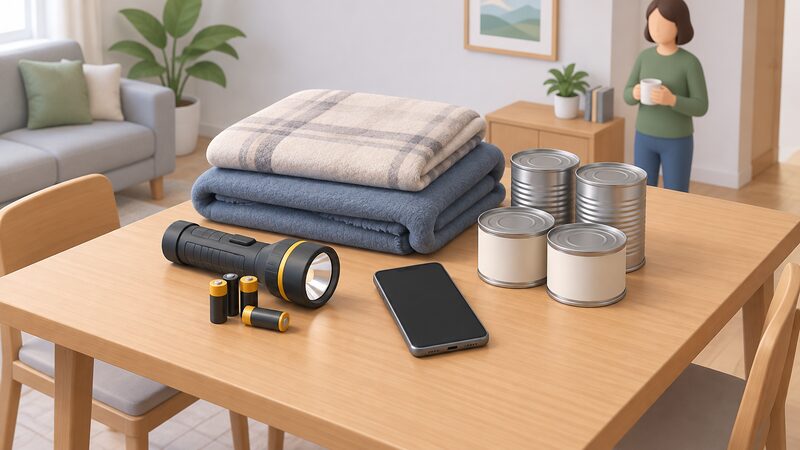 A household emergency kit laid out neatly on a table inside a home: a torch, spare batteries, a mobile phone, folded blankets and tins of food, arranged together so everything is within easy reach.