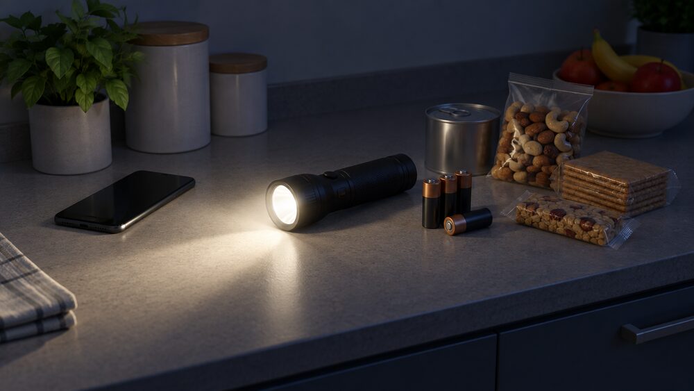 A kitchen worktop at night during a power cut, with a switched-on torch lying centrally beside its spare batteries, a charged mobile phone, and a few packets of food that needs no cooking, all gathered within easy reach.