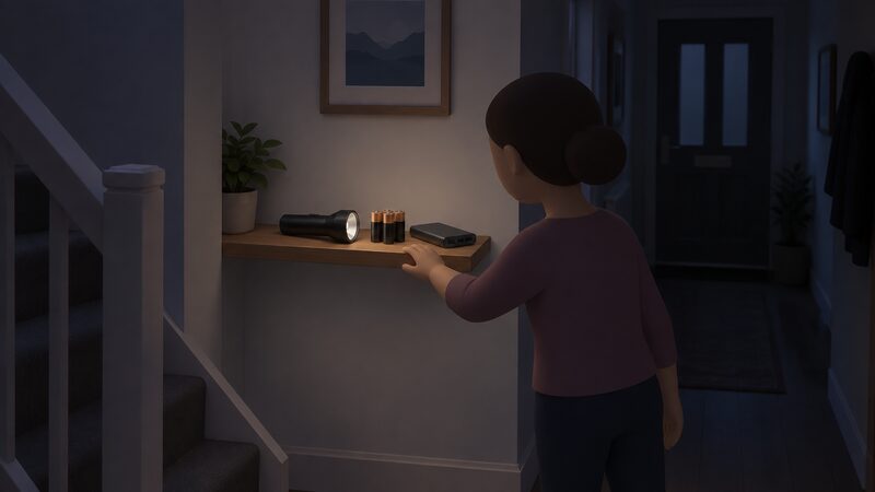 A dim hallway with a small shelf holding a torch, a stack of spare batteries and a power bank, all placed at hand height so they can be found and grabbed in the dark without opening any drawer.