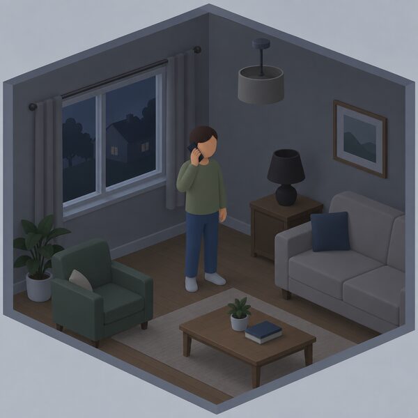 A householder stands indoors near a window in a dim, unlit room, holding a mobile phone to their ear to report a power cut, with a dark lamp and switched-off light fittings nearby showing the electricity is out.