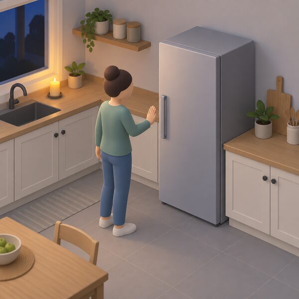 A closed freestanding fridge standing in a domestic kitchen during a power cut, its door firmly shut, with a simplified isometric figure nearby deliberately leaving the handle alone, showing the door kept closed to preserve food safety.