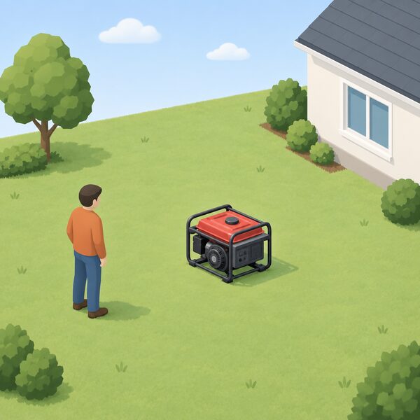 A small portable petrol generator standing on open ground well away from the house, with clear space on all sides for airflow, and a simplified figure standing a short distance away checking it.