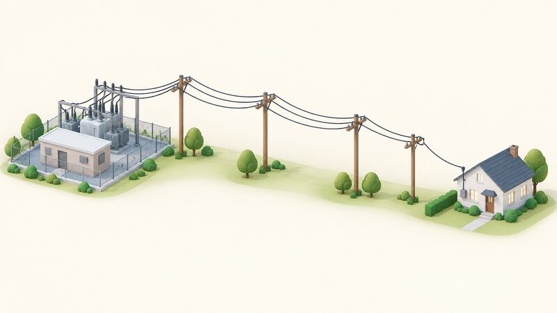 A simplified diagram of the electricity supply chain: a substation building feeding overhead main lines on poles, which step down through smaller distribution lines to a single house with its connection point where the line meets the property.