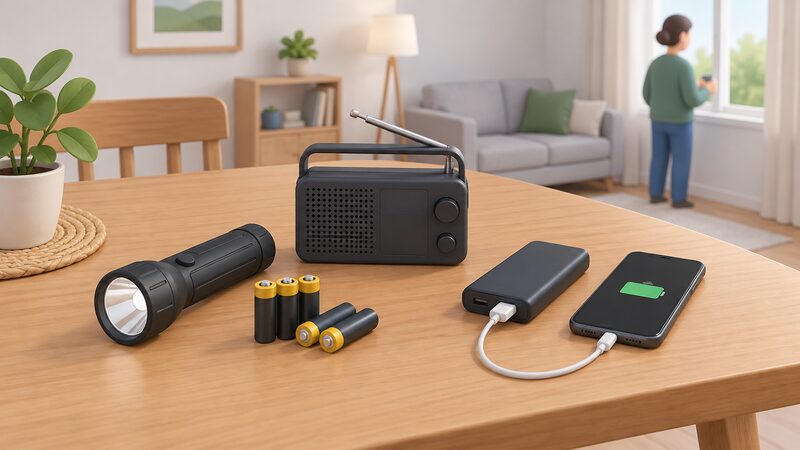A household storm emergency kit laid out on a table inside a home, showing a torch, spare batteries, a battery-powered radio and a mobile phone connected to a power bank, arranged neatly as a flat-lay of plain unbranded items.