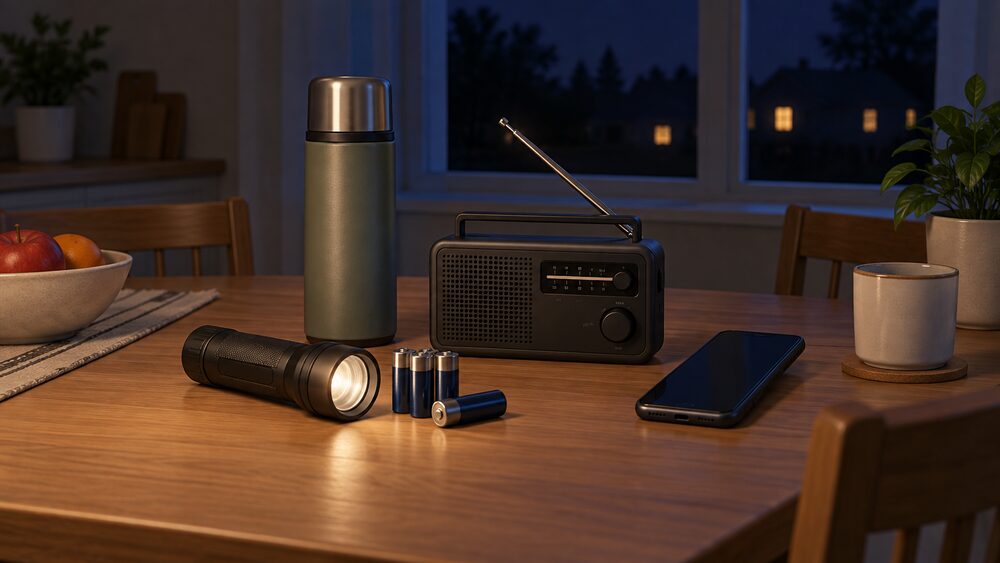 A storm kit laid out on a kitchen table at night: a torch, spare batteries, a battery-powered radio and a charged mobile phone, with a thermos flask beside them, ready for a power cut.