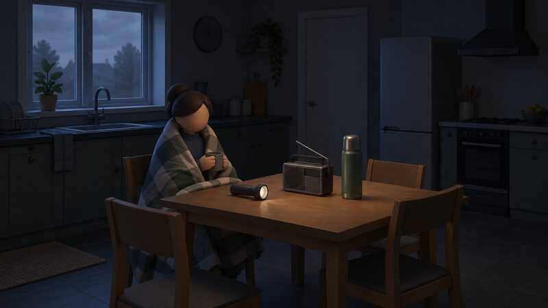 A dark kitchen during a power cut with a battery-powered radio and a thermos flask standing on the table, a small figure seated nearby wrapped in a blanket, with a torch lying beside them and dim daylight through the window.
