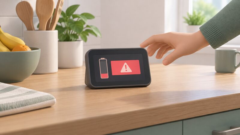 A smart prepayment meter's in-home display sitting on a kitchen worktop, its screen showing a plain low-credit warning band beside a small low balance bar, with a hand reaching to pick it up.