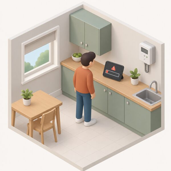 A small isometric figure stands in a home kitchen looking at an in-home display on the worktop, its screen showing a plain low credit bar with a simple alert symbol, while the smart prepayment meter is visible on a nearby wall.