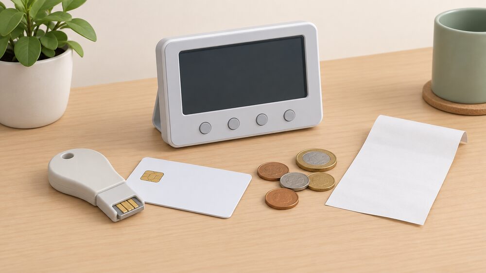 A small tabletop arrangement showing a prepayment meter key and smart card resting beside a handful of coins, a blank-screen in-home display and a plain top-up receipt, the moment before a household tops up to repay emergency credit.