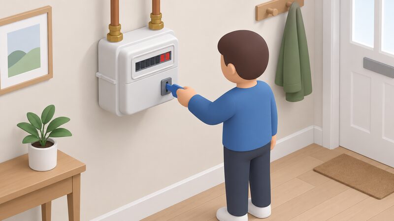 A simplified isometric figure inserts a prepayment key into the slot of a traditional gas prepayment meter mounted on an indoor wall, with the meter's display showing plain blocks for the balance and supply status.