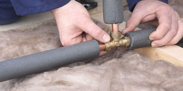 A person fitting grey foam insulation sleeves onto copper hot water pipes in a loft with mineral wool insulation