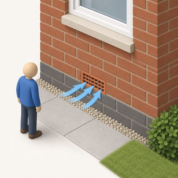 A close exterior view of a house wall with a single rectangular air brick set low in the brickwork, left completely clear, with a small isometric figure standing back and looking at it, and simple arrows showing fresh air passing freely through the open grille into the wall.