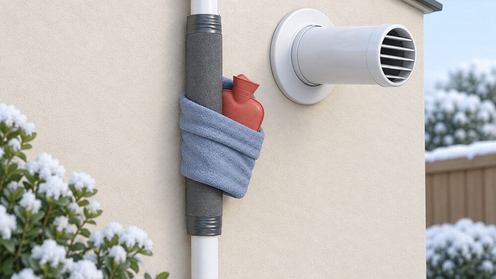 A close-up of an external wall of a house where a white plastic boiler condensate pipe runs down beside a boiler flue, with thick foam pipe insulation fitted over the pipe and its ends sealed with tape, and a hot water bottle wrapped in a warm cloth held against the pipe to thaw it.