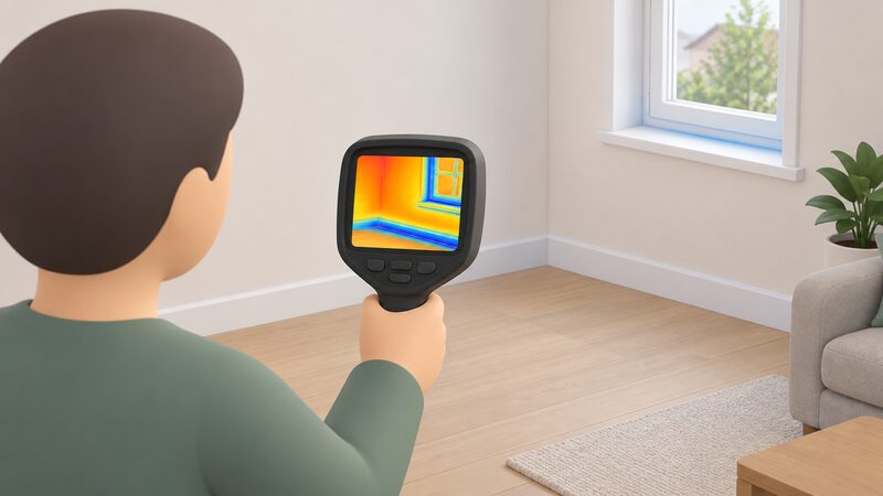 A hand-held thermal camera screen held by a simplified figure facing an internal wall, the screen showing a plain colour-graded image with a cold blue band along the skirting board and around a window frame in the room.