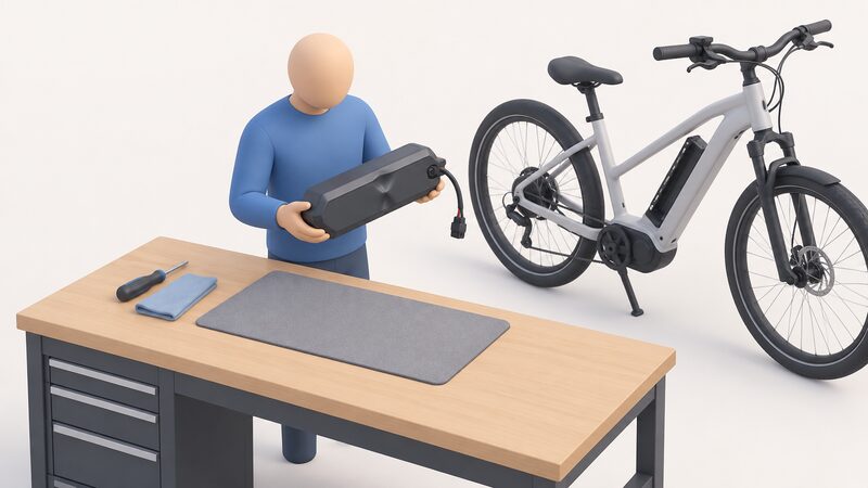 A removed e-bike lithium battery pack lying on a workbench, its casing shown with a dent and its connector lead visible, held by a simplified figure inspecting it, with a bicycle frame nearby.