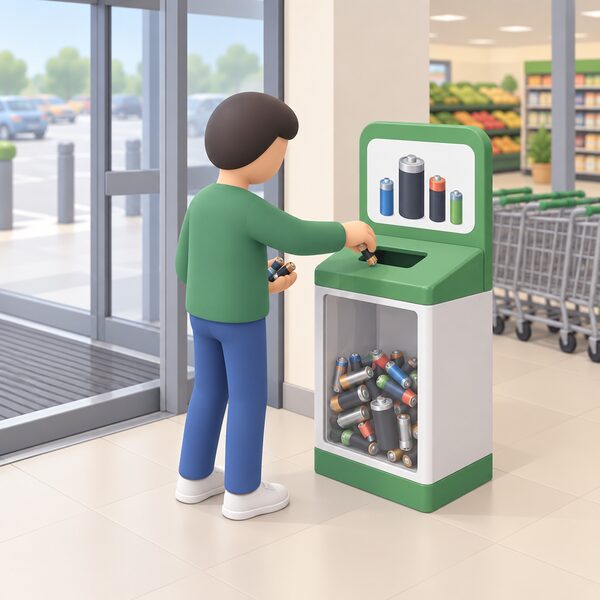 A simplified isometric shopper dropping used AA and AAA household batteries into a supermarket in-store battery collection bin near the store entrance, a small transparent-fronted box showing loose cylindrical batteries inside.