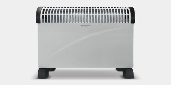 A white portable convector electric heater with black end caps and feet on a plain background