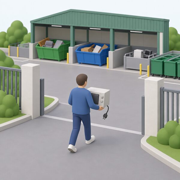 A person carrying an old household electrical item with its plug and cable visible, walking towards the entrance of a local household recycling centre where skips and sorting bays stand ready to receive it.