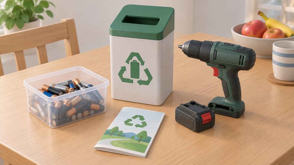 A small tabletop arrangement showing a household sorting old batteries for safe disposal: a clear plastic box of loose AA and AAA cells beside a shop-style collection bin with a slot, a cordless drill with its battery pack removed, and a folded recycling-centre leaflet, all on a kitchen table.