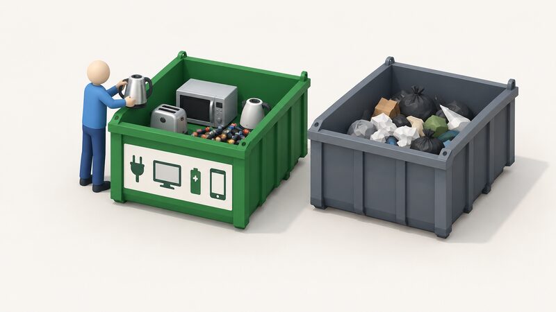 An open-topped container at a household waste recycling centre marked for small electrical items, holding kettles, a toaster, a microwave and loose batteries, standing apart from a general waste skip beside it, with a simplified figure placing a small appliance in.