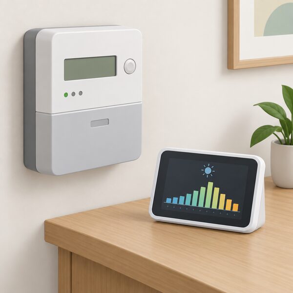 A smart electricity meter mounted on a wall with its separate in-home display nearby, the display screen showing a simple graph of energy use across the daytime as plain coloured bars with no readable figures.