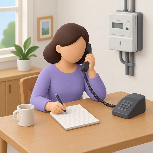 A householder at a table telephoning the supplier about a faulty electricity meter, writing notes on a pad that shows the date, meter serial number, meter reading, a description of the fault and the reference number given over the phone.